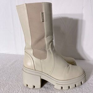 Westies Chufa Cream Faux Leather Chunky Heel Round Toe Mid Calf Ankle Boots 6